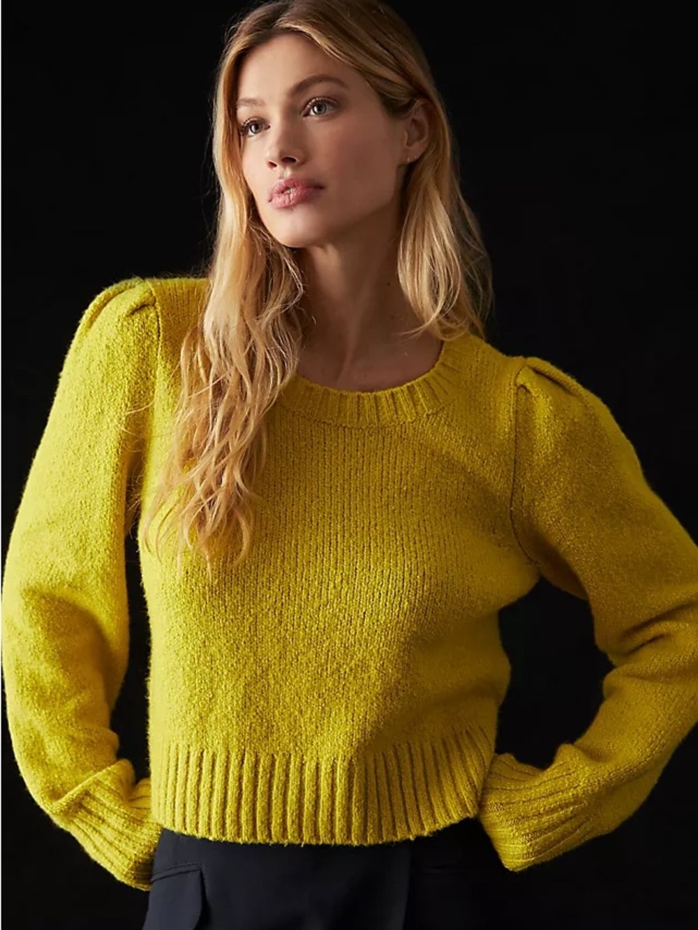 Anthropologie Maeve Crewneck Puff Sleeve Cropped Sweater Size XXS Chartreuse